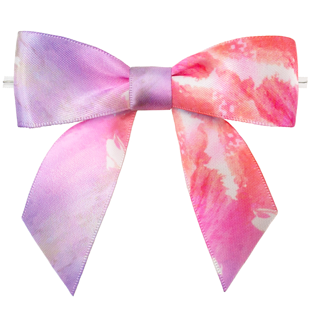 Satin Ribbon Tie dye Design Pre Tie Bows with Transparent Twist Tie On the Backside for Chocolate Decoration