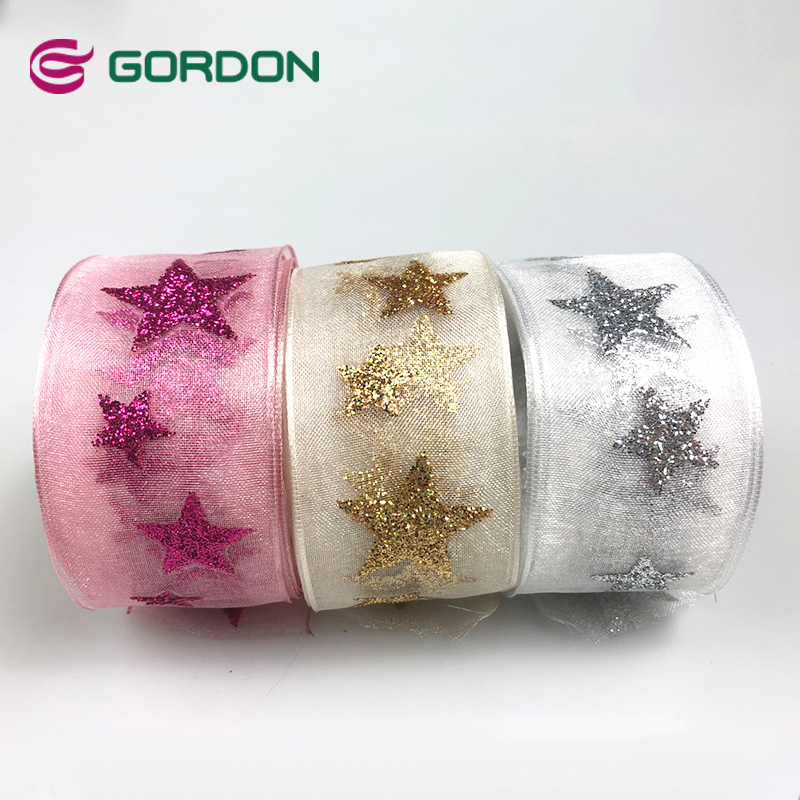 1.5 inches 38mm star glitter printed on wire edge organza ribbon,gift ribbon star,decorating christmas metallic ribbon