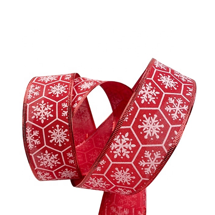 100% Polyester Christmas Wide Wired Edged Ribbons With Snowflake Printed Logo Christmas Tree Decorative Ribbon