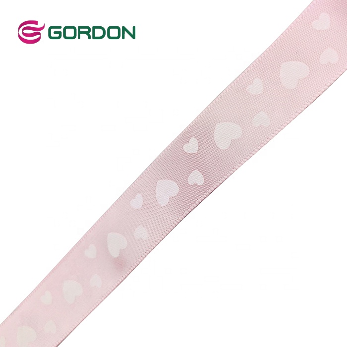 16 mm Pink Satin Ribbon With Different Size White Heart-shaped Printed Ribbon For Chocolate Gift Packing