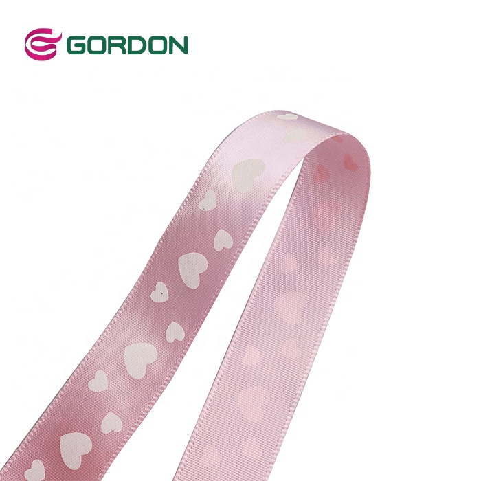 16 mm Pink Satin Ribbon With Different Size White Heart-shaped Printed Ribbon For Chocolate Gift Packing