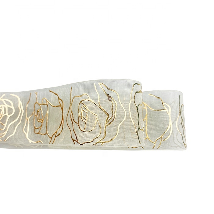 25mm rose flower foil print gold on organza ribbon