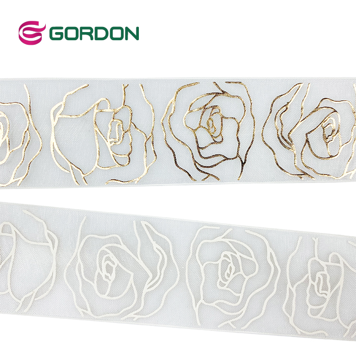 25mm rose flower foil print gold on organza ribbon