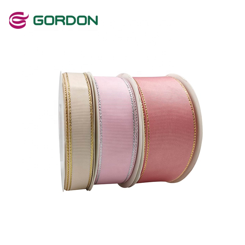 38mm Polyester Solid Color Grosgrain Ribbon with Gold Metallic Edge