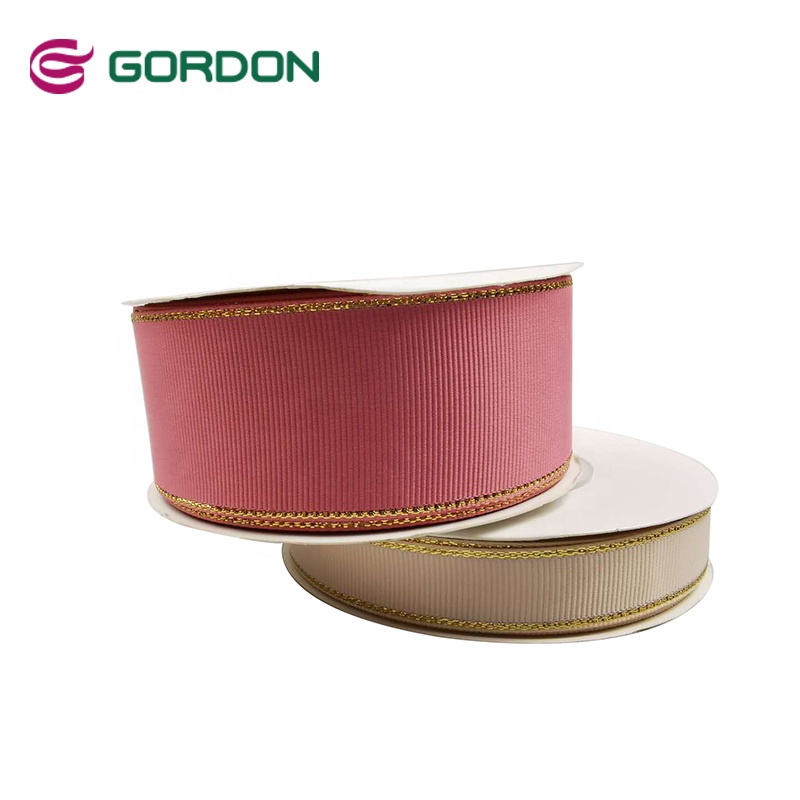 38mm Polyester Solid Color Grosgrain Ribbon with Gold Metallic Edge