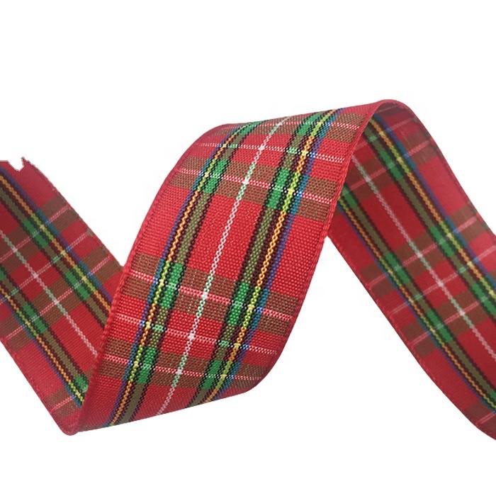 38mm wide polyester plaid christmas ribbon