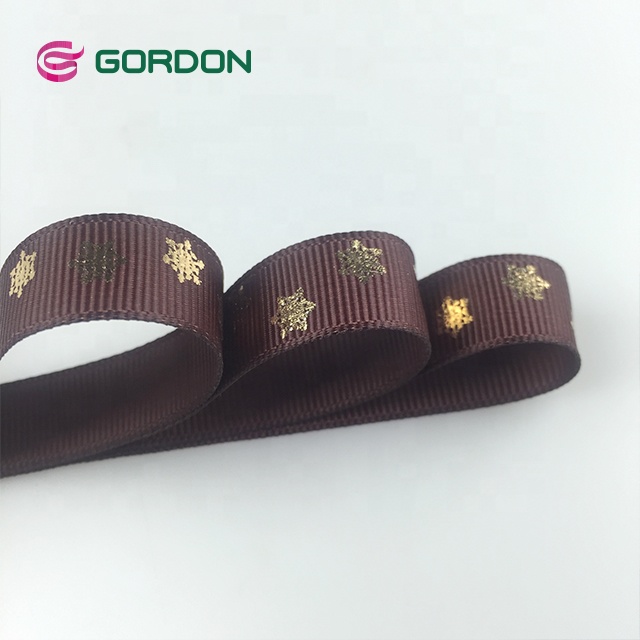 5/8' Brown Grosgrain Ribbon with Snowflake Gold Foil Print Logo For Christmas Gift Warp