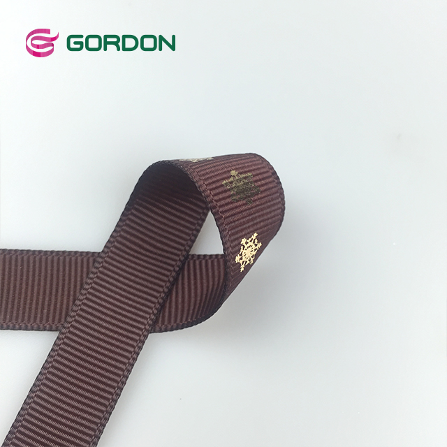 5/8' Brown Grosgrain Ribbon with Snowflake Gold Foil Print Logo For Christmas Gift Warp