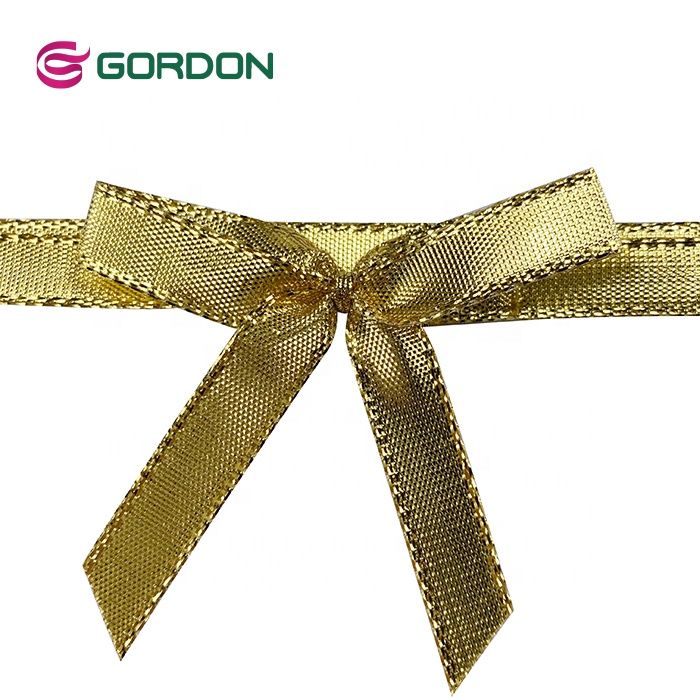 9 mm Metallic Ribbon Bow Tie Pre-tied  Ribbon Bow and Middle Gold Elastic Cord For Christmas Gift Wrapping