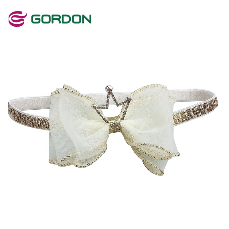 Fashion  princess lace mesh ribbon bows with little crowned head band  children chiffon flower hairbands girls hair accessories