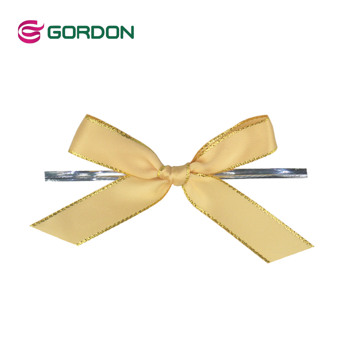 Gold Metallic Edge Pre Tie Satin Ribbon Bow with Twist Tie