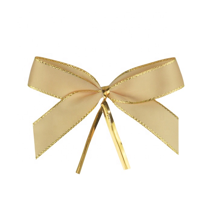 Gold Metallic Edge Pre Tie Satin Ribbon Bow with Twist Tie