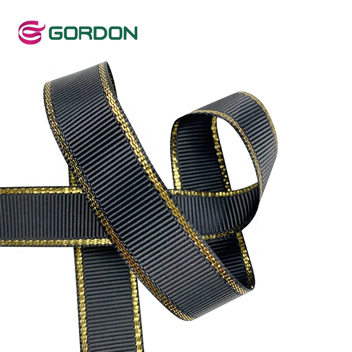 Gordon 5/8 Inch  Polyester Black Color Grosgrain Ribbon with Gold Metallic Edge