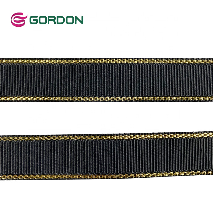 Gordon 5/8 Inch  Polyester Black Color Grosgrain Ribbon with Gold Metallic Edge