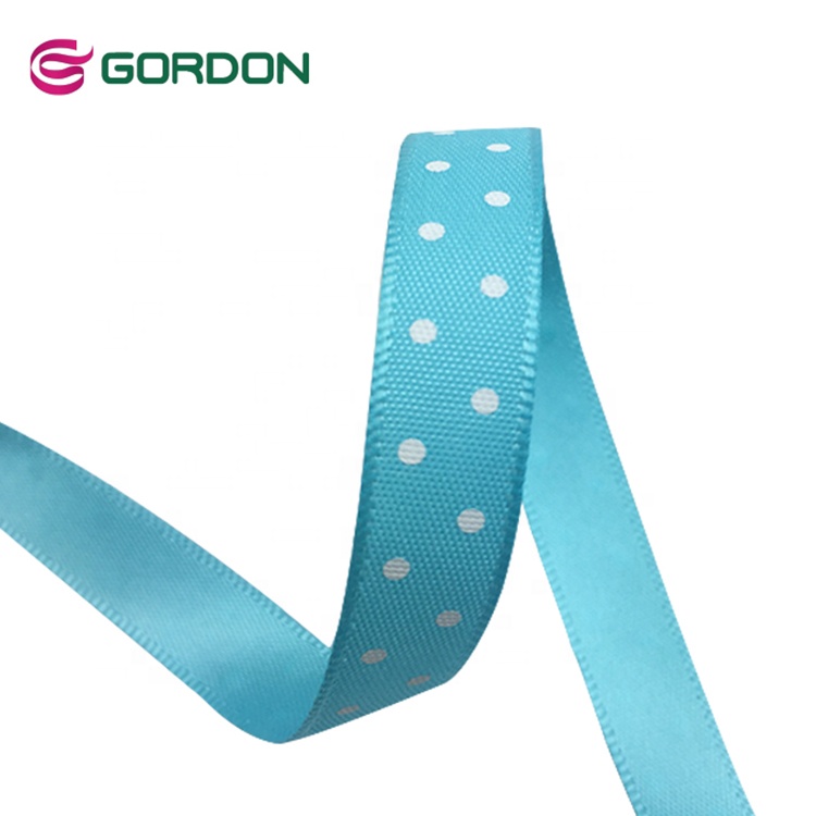 Gordon Ribbons  Custom Size And Logo White Dots Single Face Satin Ribbon Double Satin Ribbon  Screen Ink Print