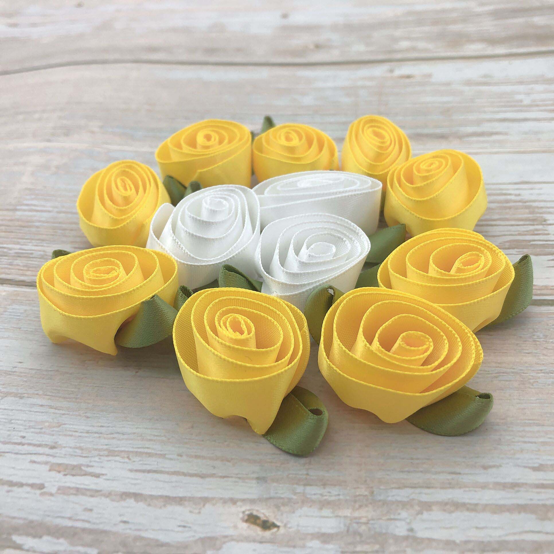 Gordon Ribbons 100% Polyester Custom Size And Color Small Ribbon Bow Yellow Rose With Green Leaves For Gauzy Skirts Decoration