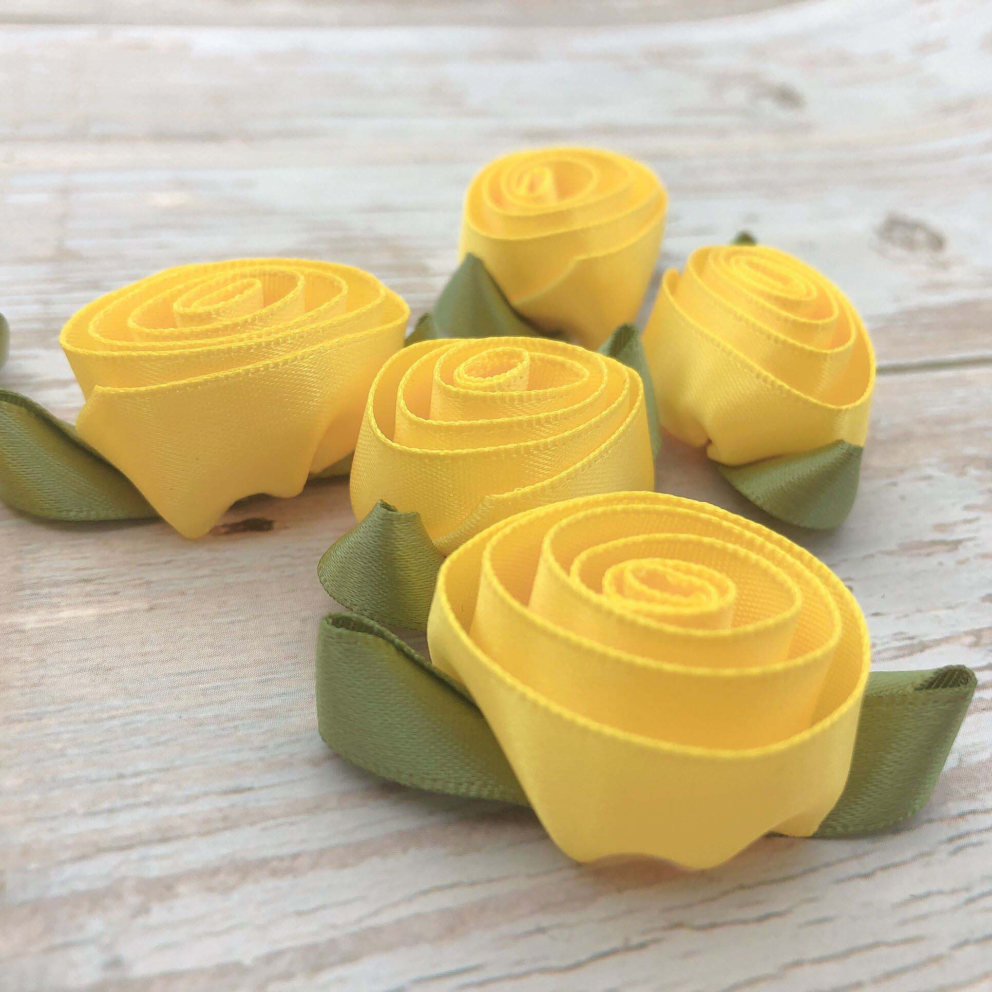 Gordon Ribbons 100% Polyester Custom Size And Color Small Ribbon Bow Yellow Rose With Green Leaves For Gauzy Skirts Decoration