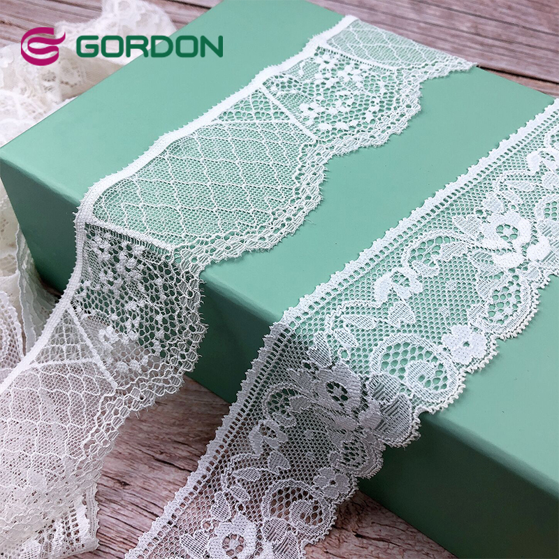 Gordon Ribbons 7mm Jacquard Wide Stretch Fabric Lace Trim For Bridal Veils Decorative lace fabric  white floral lace trim