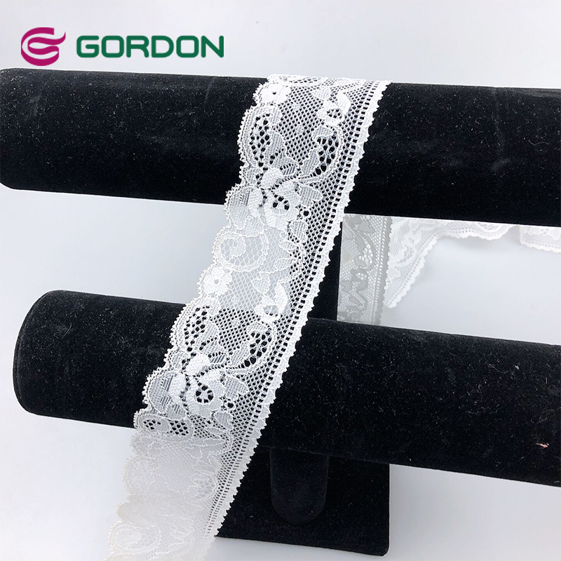 Gordon Ribbons 7mm Jacquard Wide Stretch Fabric Lace Trim For Bridal Veils Decorative lace fabric  white floral lace trim