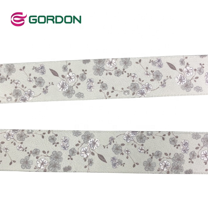Gordon Ribbons Custom Logo Satin Ribbon Flora Pattern Print With Heat-Transfer Full-Dull With Double Side for Gift packing