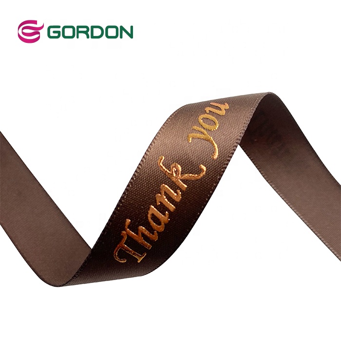 Gordon Ribbons Hot sell Polyester Custom Logo 16mm Double Single Face Satin Ribbon With Foil  Copper for  Festival Gift Packing