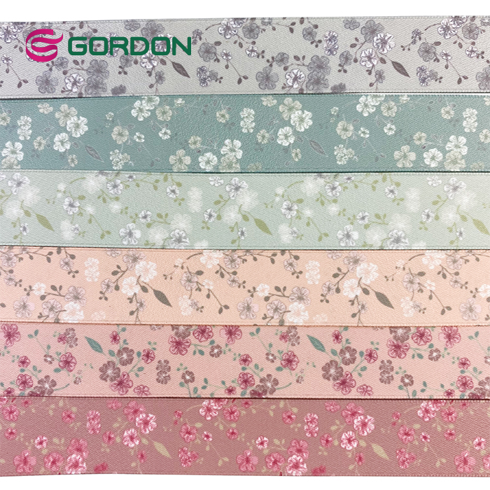 Gordon Ribbons Matte Full-Dull Polyester Satin Ribbon Flora Pattern Print With Double Side Heat-Transfer Print for Gift packing