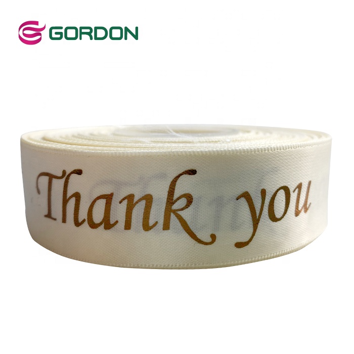 Gordon Ribbons Wholesale 100%  Polyester 25mm Thank You Single Double Face Satin Ribbon With Screen Ink & Foil Gold Print