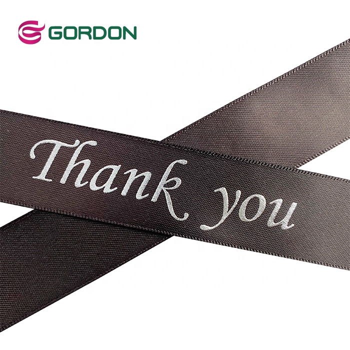 Gordon Ribbons Wholesale 16mm  Polyester Custom Logo Single Face Satin Ribbon With Puff & Foil Silver for  Festival Gift Packing