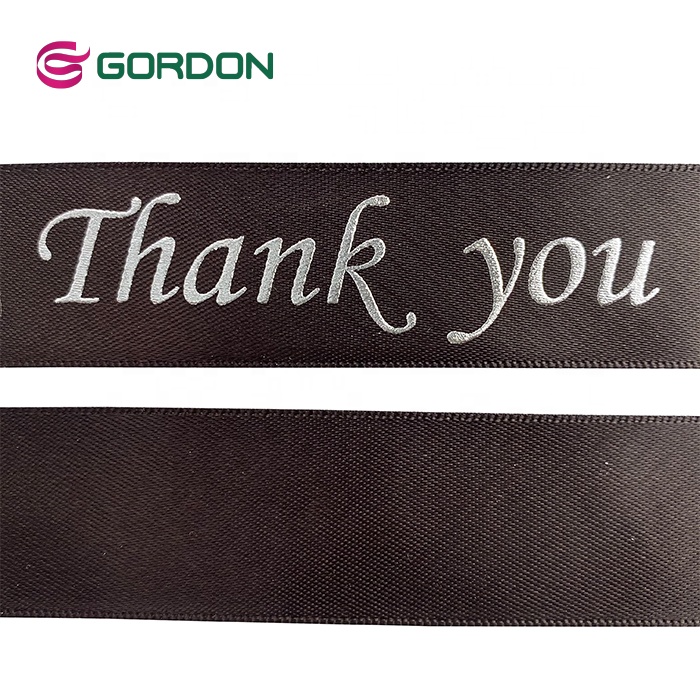 Gordon Ribbons Wholesale 16mm  Polyester Custom Logo Single Face Satin Ribbon With Puff & Foil Silver for  Festival Gift Packing