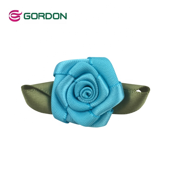 Handmade Make Rose Ribbon Bow 4 CM Satin Ribbon Rose Flower With Green Leaves for Wedding Decoration