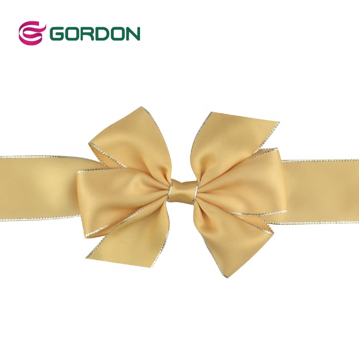 Silver Gold Edge Satin Ribbon Pre Tie Bow Christmas Gift Box Packaging Wrapping Ribbon and Bow with Hook and Loop
