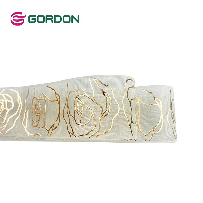 Wholesale White Ruffle Organza Ribbon With Puff Gold Foil Printed Flower Logo For Valentine's Day Gift Box Decoration