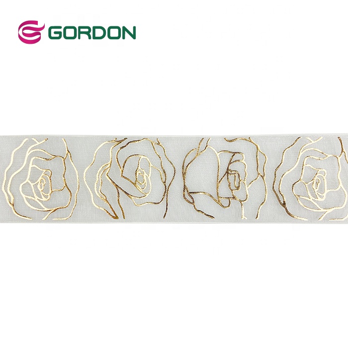 Wholesale White Ruffle Organza Ribbon With Puff Gold Foil Printed Flower Logo For Valentine's Day Gift Box Decoration
