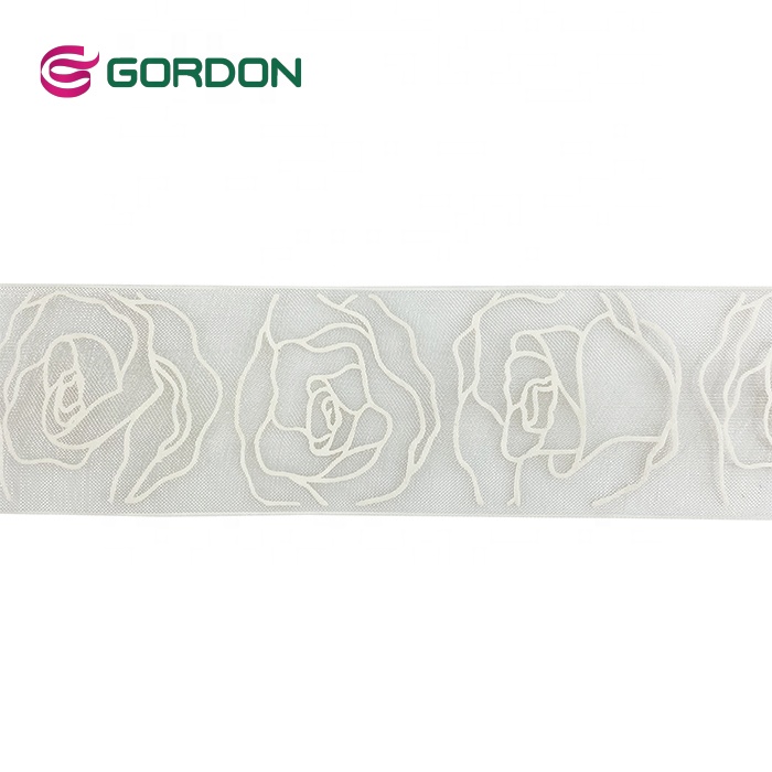 Wholesale White Ruffle Organza Ribbon With Puff Gold Foil Printed Flower Logo For Valentine's Day Gift Box Decoration