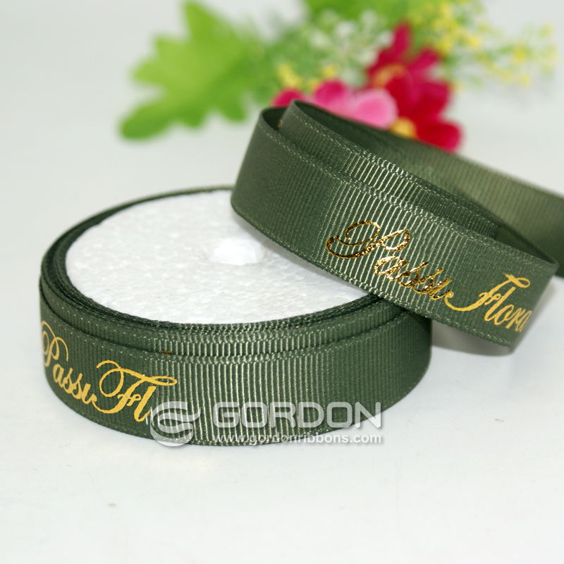 custom logo gold puff embossed foil printed grosgrain ribbon roll