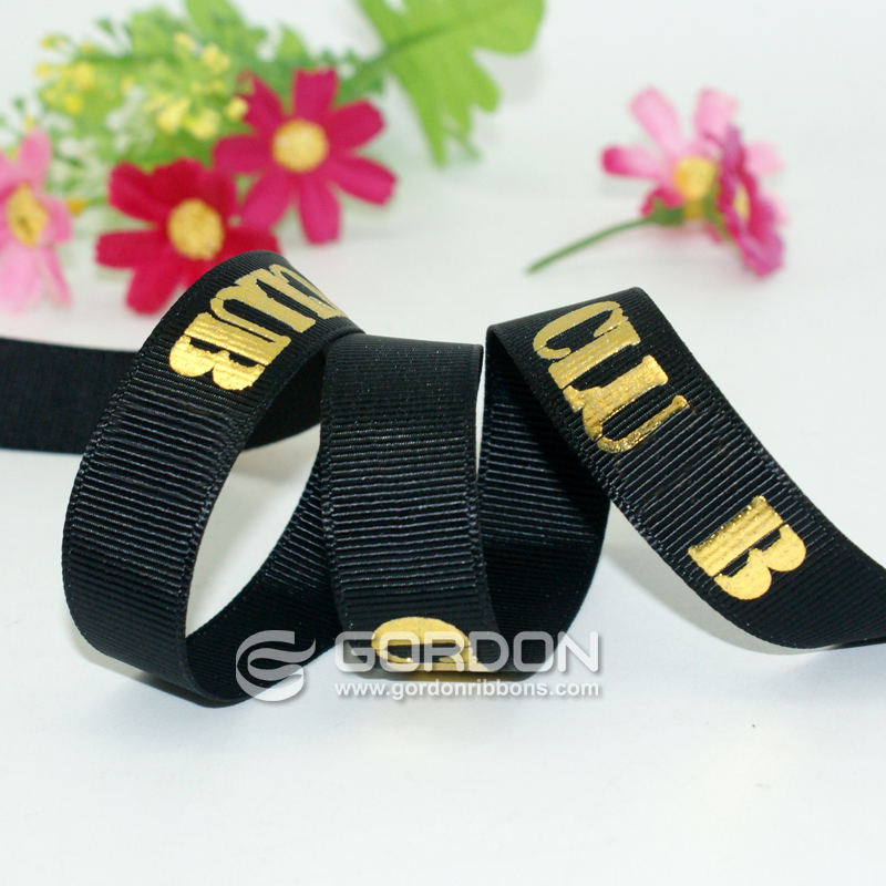 custom logo gold puff embossed foil printed grosgrain ribbon roll