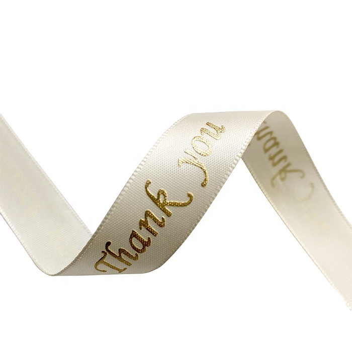 satin ribbon with puff foil printed gold logo