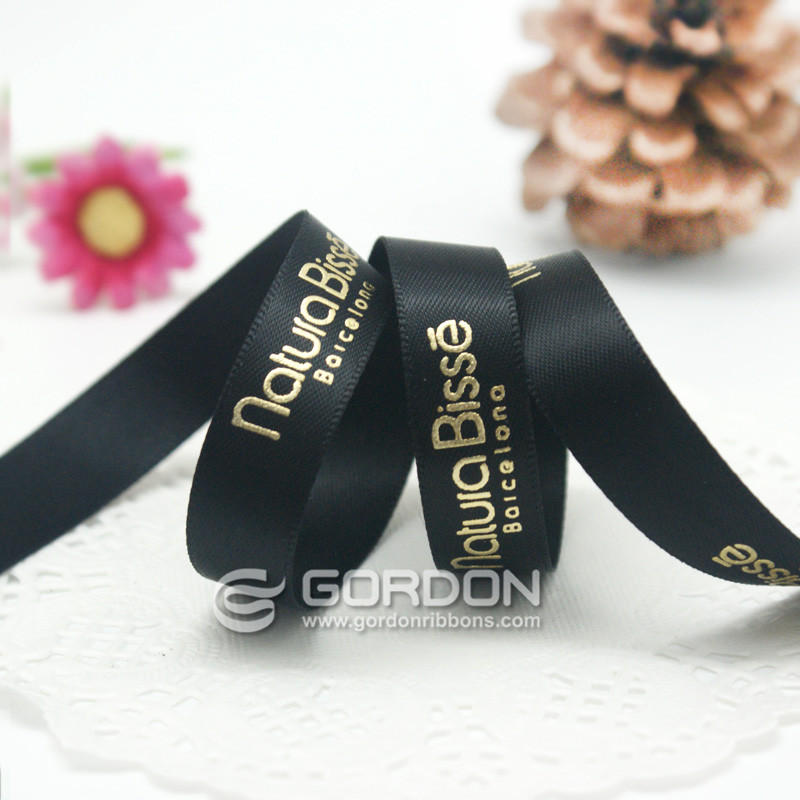 wholesale custom logo 3d gold  puff foil printed satin ribbon