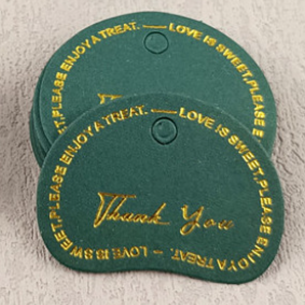 Free Design 4 Colors  Beans Shape Custom Paper Hangtag for Garment Hangtag with Gold Foil Thank you
