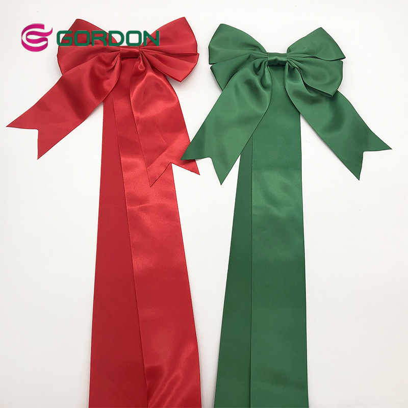Gordon Ribbon Wholesale Custom Hot Sale Red And Green Satin Bow Pre-Tied Bow With Sewed Magic Tape Fo rGift Box Decoration