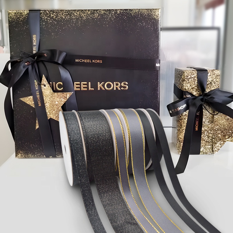 Gordon Ribbon black double face satin with gold foil brand logo custom ribbons for gift wrap luxury custom ribbons