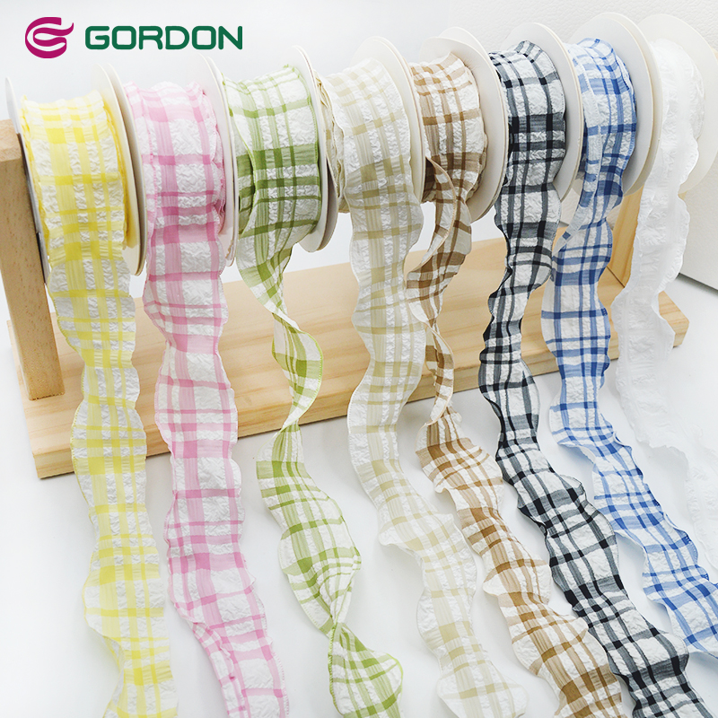 Gordon Ribbons 4cm Wrinkle Plaid Checked Ribbon For Big Hair Bow Accessories Hair Tie Hat Garments Cloth Dress Decoration