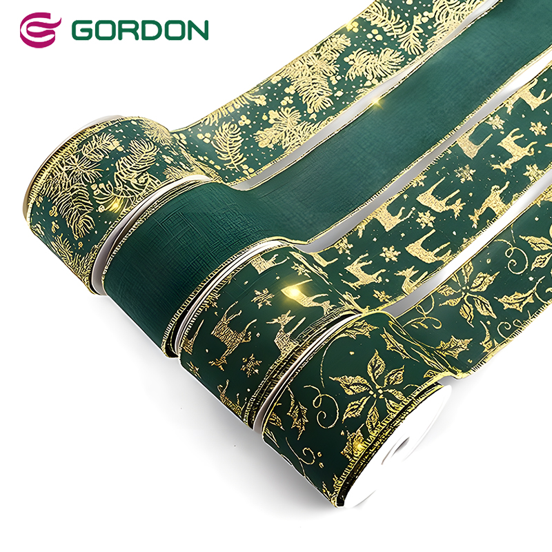 Gordon Christmas Ribbon 4 in wide Seamless Green Christmas Wired Ribbon Satin Burlap Wired Edge Ribbon for Xmas Tree Decoration