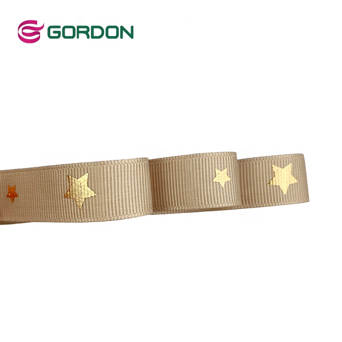 Gordon Ribbons 5/8'' brown printing customized  custom relief 3d logo grosgrain ribbon with star puff gold foil for gift box